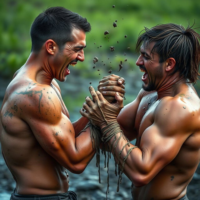 Two adults engaging in a playful and intense mud wrestling match