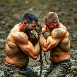 Two adults engaging in a playful and intense mud wrestling match