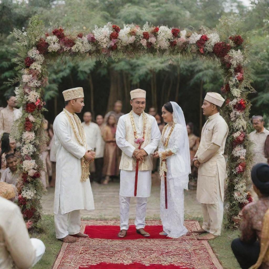 A traditional Indonesian Nikah wedding ceremony featuring a couple in traditional outfits beneath a beautiful arch, surrounded by attendees wielding ceremonial pedang pora swords in a sign of respect and protection.