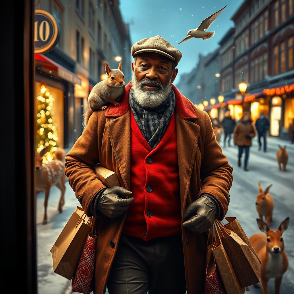 A photorealistic image seen through a shop window, featuring a charismatic older black male model with a well-groomed beard