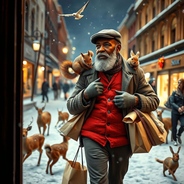 A photorealistic image seen through a shop window, featuring a charismatic older black male model with a well-groomed beard