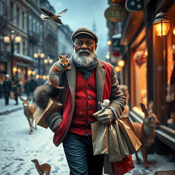 A photorealistic image seen through a shop window, featuring a charismatic older black male model with a well-groomed beard