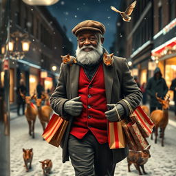 A photorealistic image seen through a shop window, featuring a charismatic older black male model with a well-groomed beard