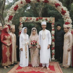 A traditional Indonesian Nikah wedding ceremony featuring a couple in traditional outfits beneath a beautiful arch, surrounded by attendees wielding ceremonial pedang pora swords in a sign of respect and protection.