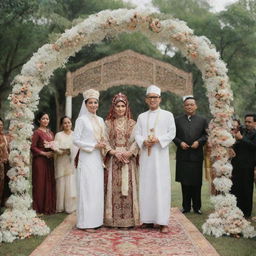 A traditional Indonesian Nikah wedding ceremony featuring a couple in traditional outfits beneath a beautiful arch, surrounded by attendees wielding ceremonial pedang pora swords in a sign of respect and protection.