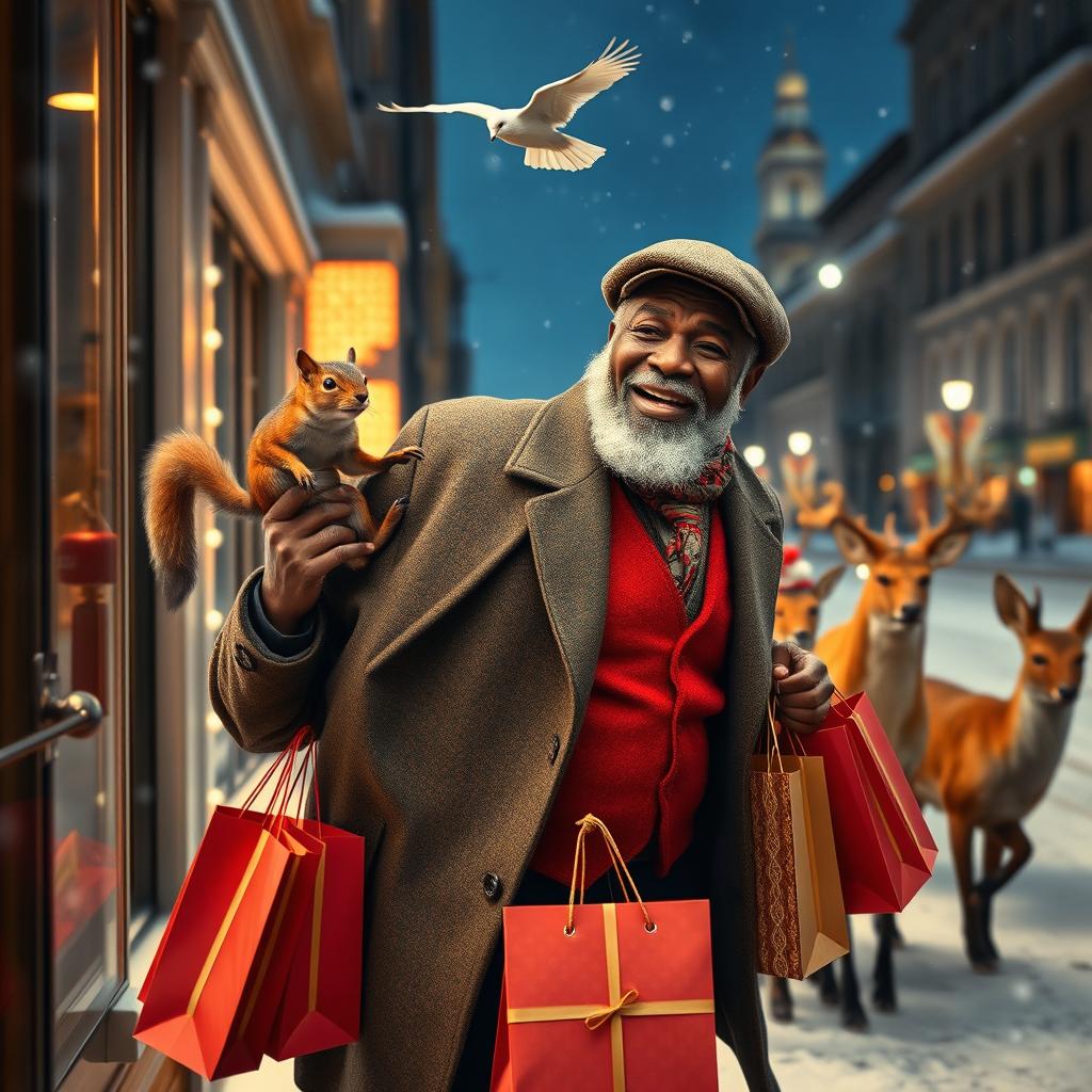 A photorealistic scene viewed through a shop window, featuring a charismatic and happy older black male model with a warm smile and a well-groomed beard