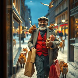 A photorealistic scene viewed through a shop window, featuring a charismatic and happy older black male model with a warm smile and a well-groomed beard