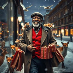 A photorealistic scene viewed through a shop window, featuring a charismatic and happy older black male model with a warm smile and a well-groomed beard