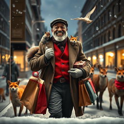 A photorealistic scene viewed through a shop window, featuring a charismatic and happy older black male model with a warm smile and a well-groomed beard