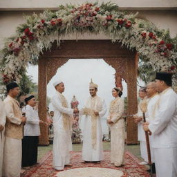 A traditional Indonesian Nikah wedding ceremony featuring a couple in traditional outfits beneath a beautiful arch, surrounded by attendees wielding ceremonial pedang pora swords in a sign of respect and protection.