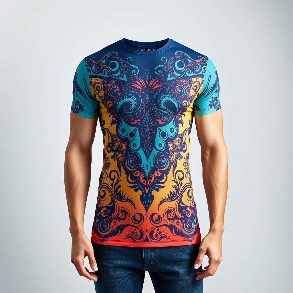 A stylish t-shirt with a modern design, featuring a vibrant color palette and intricate patterns