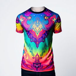 A stylish t-shirt with a modern design, featuring a vibrant color palette and intricate patterns