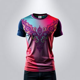 A stylish t-shirt with a modern design, featuring a vibrant color palette and intricate patterns