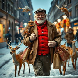 A photorealistic view through a shop window, showcasing a charismatic and happy older male model with an expressive beard