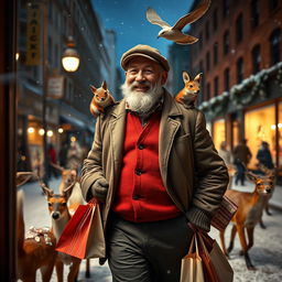 A photorealistic view through a shop window, showcasing a charismatic and happy older male model with an expressive beard