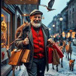 A photorealistic view through a shop window, showcasing a charismatic and happy older male model with an expressive beard