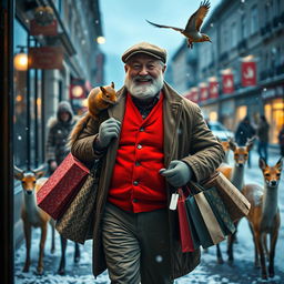 A photorealistic view through a shop window, showcasing a charismatic and happy older male model with an expressive beard