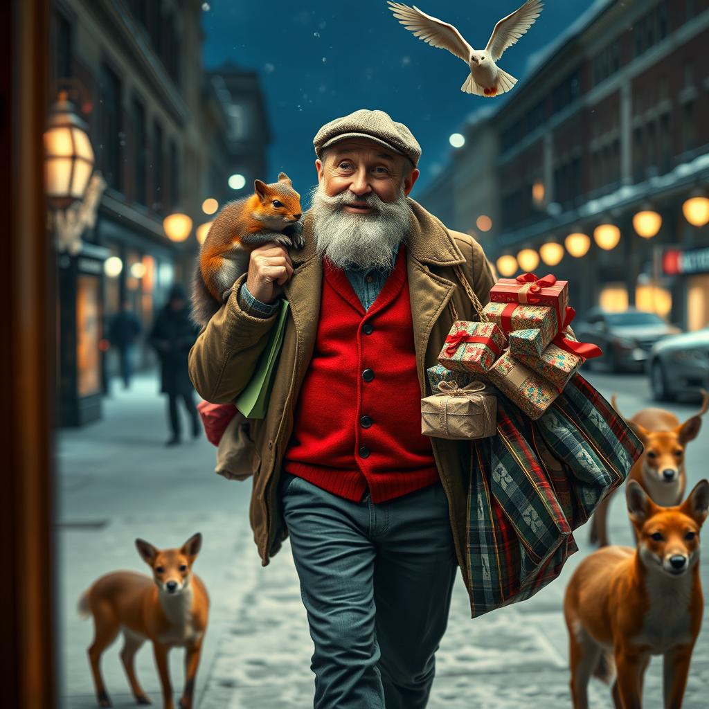 A photorealistic image viewed through a shop window, presenting a charismatic older male model with a distinguished beard