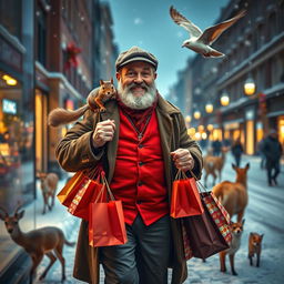 A photorealistic image viewed through a shop window, presenting a charismatic older male model with a distinguished beard