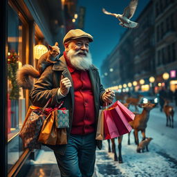 A photorealistic image viewed through a shop window, presenting a charismatic older male model with a distinguished beard