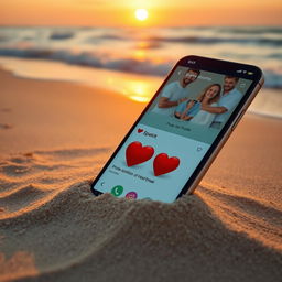 A vibrant beach setting during sunset with a large smartphone placed prominently in the sand