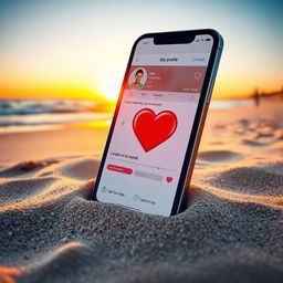 A vibrant beach setting during sunset with a large smartphone placed prominently in the sand