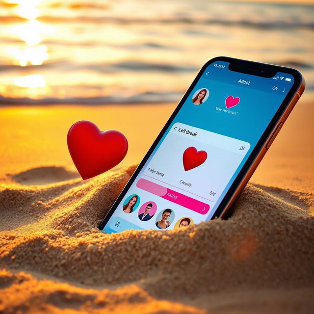 A vibrant beach setting during sunset with a large smartphone placed prominently in the sand