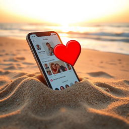 A vibrant beach setting during sunset with a large smartphone placed prominently in the sand