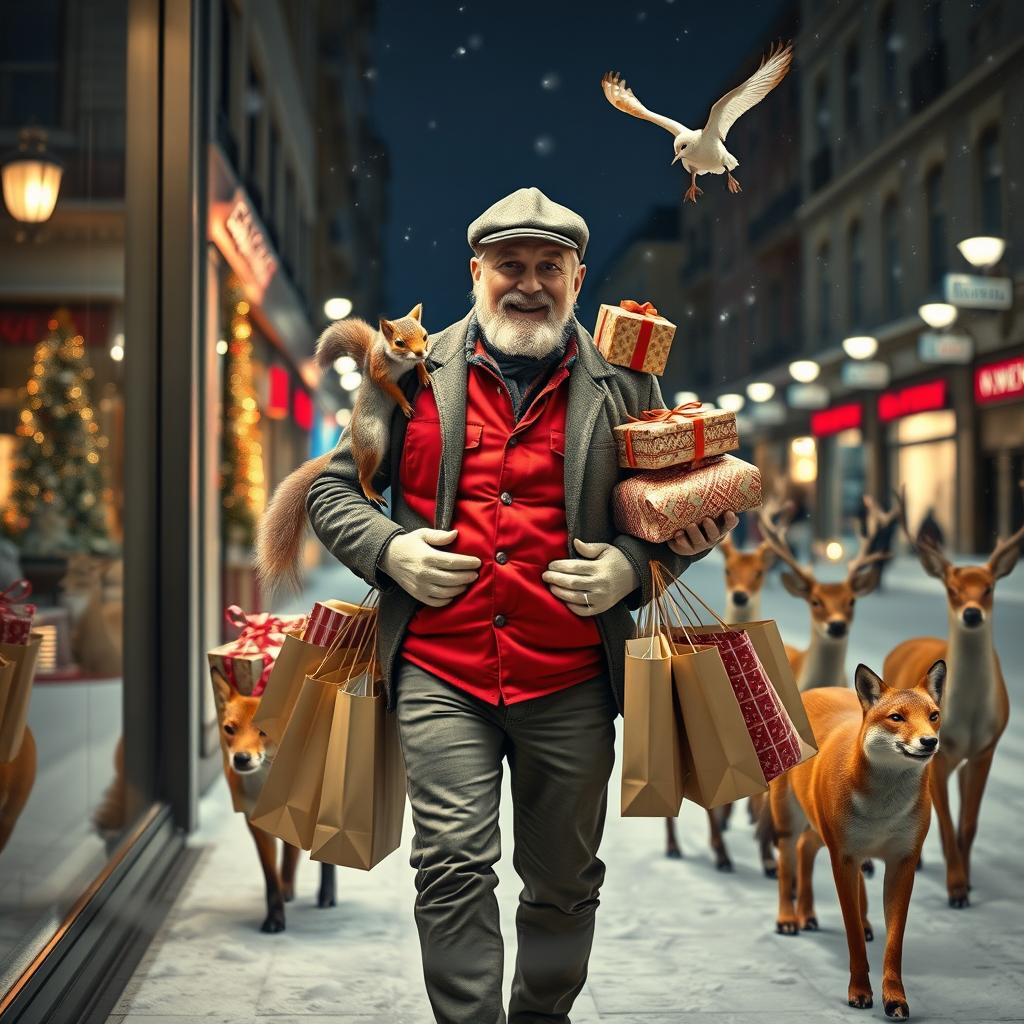 A photorealistic image seen through a shop window, featuring a charismatic and fit older male model with a distinguished beard