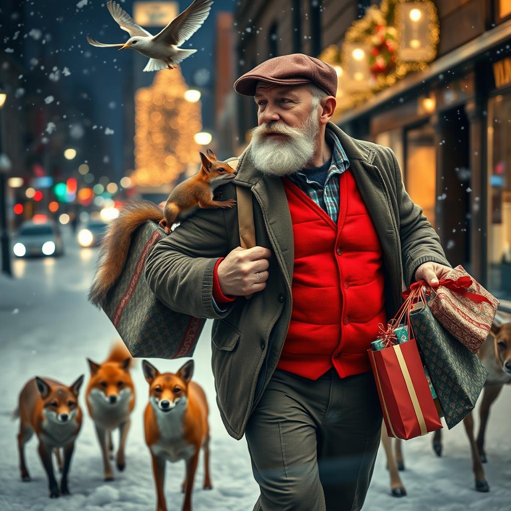 A photorealistic image seen through a shop window, featuring a charismatic and fit older male model with a distinguished beard