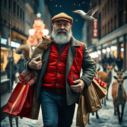 A photorealistic image seen through a shop window, featuring a charismatic and fit older male model with a distinguished beard