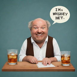 A humorous graphic composition with the joke 'I'm on a whiskey diet. I've lost three days already', complemented by playful and striking whiskey-related images.