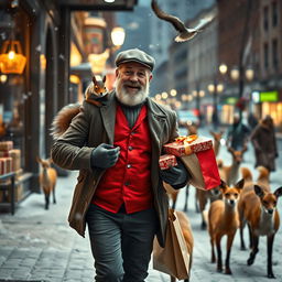 A photorealistic image seen through a shop window, featuring a charismatic and fit older male model with a distinguished beard