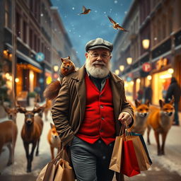 A photorealistic scene through a shop window, featuring a charismatic and fit older male model with a distinguished beard