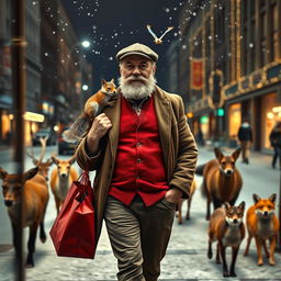 A photorealistic scene through a shop window, featuring a charismatic and fit older male model with a distinguished beard