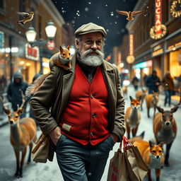 A photorealistic scene through a shop window, featuring a charismatic and fit older male model with a distinguished beard