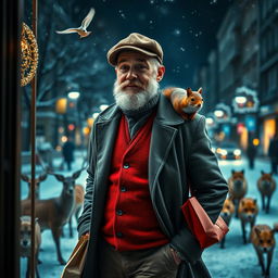 A photorealistic scene through a shop window, featuring a charismatic and fit older male model with a distinguished beard