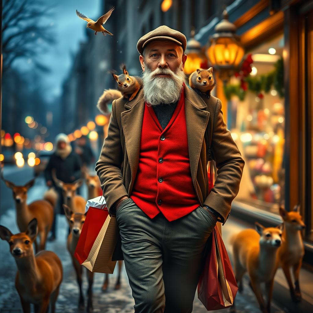 A photorealistic view through a shop window featuring a charismatic and slim older male model with a distinguished beard