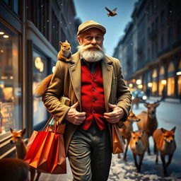 A photorealistic view through a shop window featuring a charismatic and slim older male model with a distinguished beard