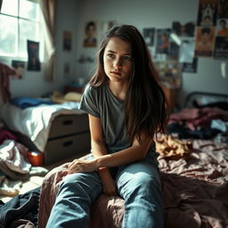 A teenage girl looking upset, sitting on her bed in a messy room