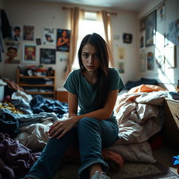 A teenage girl looking upset, sitting on her bed in a messy room