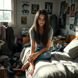 A teenage girl looking upset, sitting on her bed in a messy room