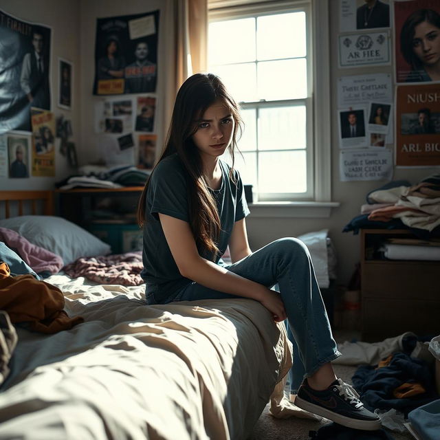 A teenage girl looking upset, sitting on her bed in a messy room