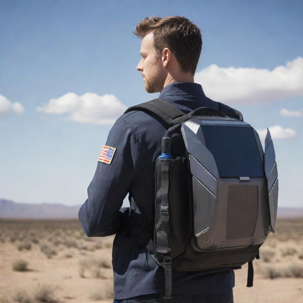 Futuristic backpack with integrated solar panel, jetpack, wings, and a concealed weapon.