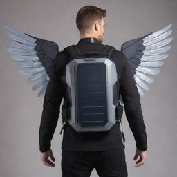 Futuristic backpack with integrated solar panel, jetpack, wings, and a concealed weapon.