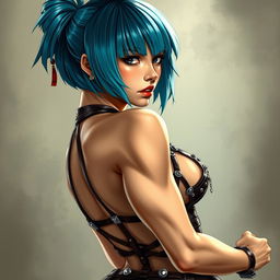 Japanese girl with a brutal, intense expression, featuring short, sky-blue two-tone bob-style hair