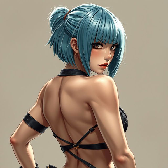 Japanese girl with a brutal, intense expression, featuring short, sky-blue two-tone bob-style hair