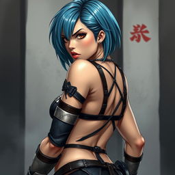 Japanese girl with a brutal, intense expression, featuring short, sky-blue two-tone bob-style hair