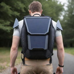 Futuristic backpack with integrated solar panel, jetpack, wings, and a concealed weapon.