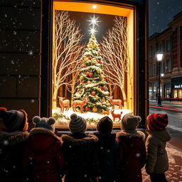 A captivating snowy night scene featuring a city street with a beautifully decorated Christmas window